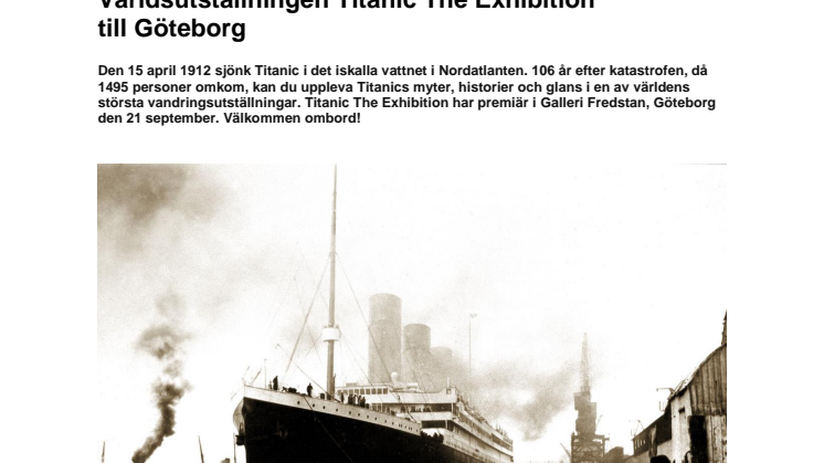Världsutställningen Titanic The Exhibition till Göteborg