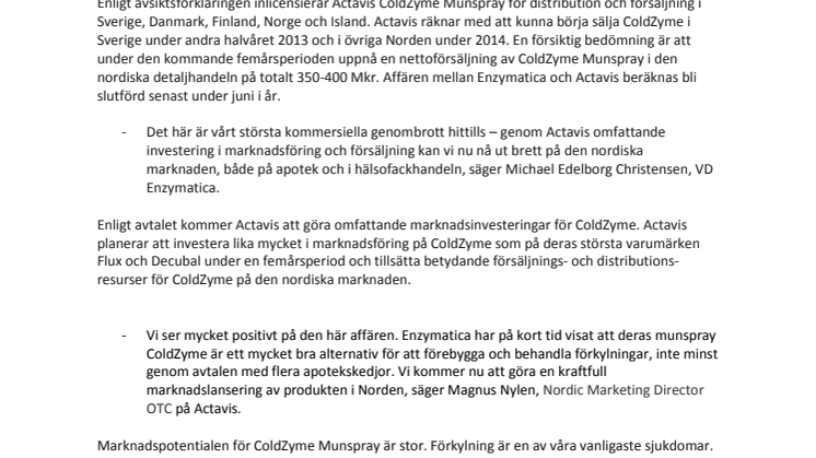 Enzymatica sluter avtal med Actavis för ColdZyme i Norden