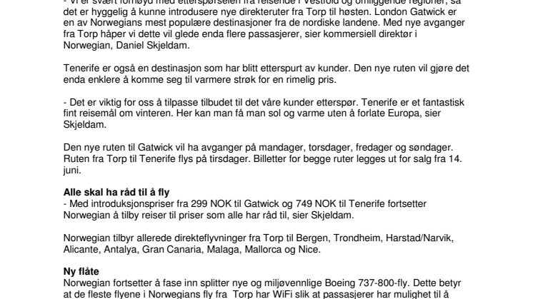 Norwegian starter to nye ruter fra Torp