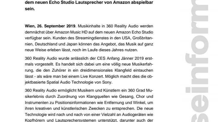 Inhalte in 360 Reality Audio von Sony über den Streamingdienst Amazon Music HD verfügbar