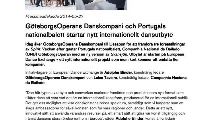 GöteborgsOperans Danskompani och Portugals nationalbalett startar nytt dansutbyte 