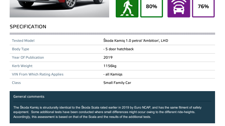 Skoda Kamiq Euro NCAP datasheet September 2019