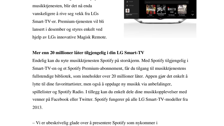 SPOTIFY TILGJENGELIG I LGs SMART-TV