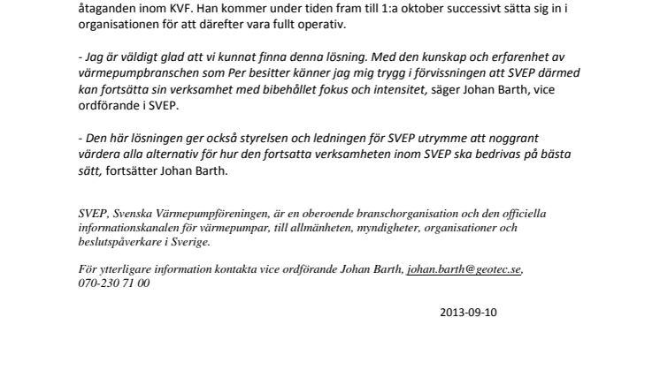 Per Jonasson tillförordnad vd vid Svenska Värmepumpföreningen (SVEP)
