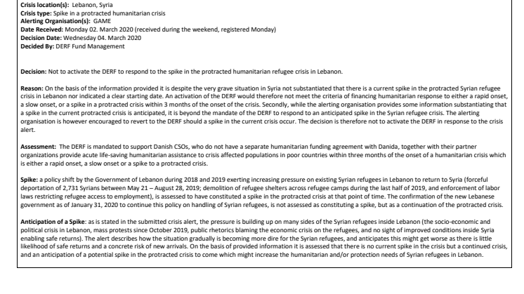 20-004-RO DERF Alert Note - Syrian Crisis in Lebanon 2020 (Fund not activated)