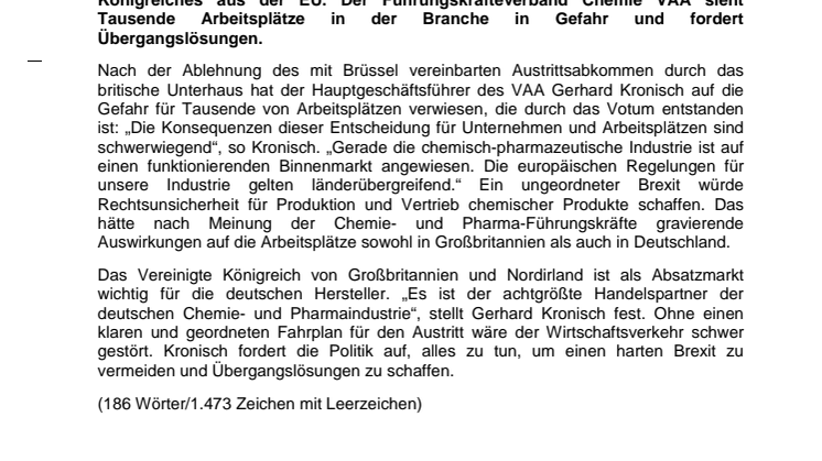 Führungskräfte Chemie: Brexit bedroht Arbeitsplätze in der chemisch-pharmazeutischen Industrie