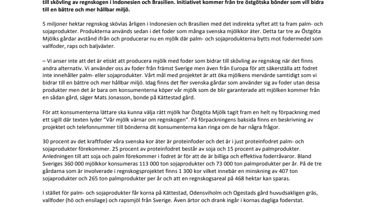 Östgöta Mjölk lanserar mjölk som värnar om regnskogen