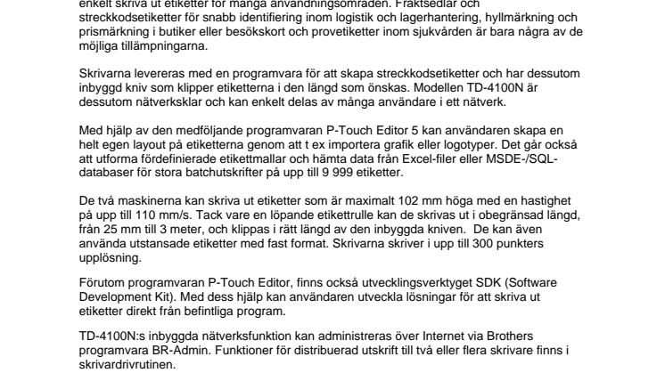 Brother International Sweden AB: Två nya etikettskrivare för alla användningsområden