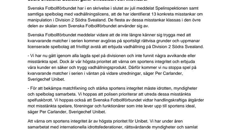 Unibet stoppar allt spel på Division 2 Södra Svealand efter misstankar om manipulation