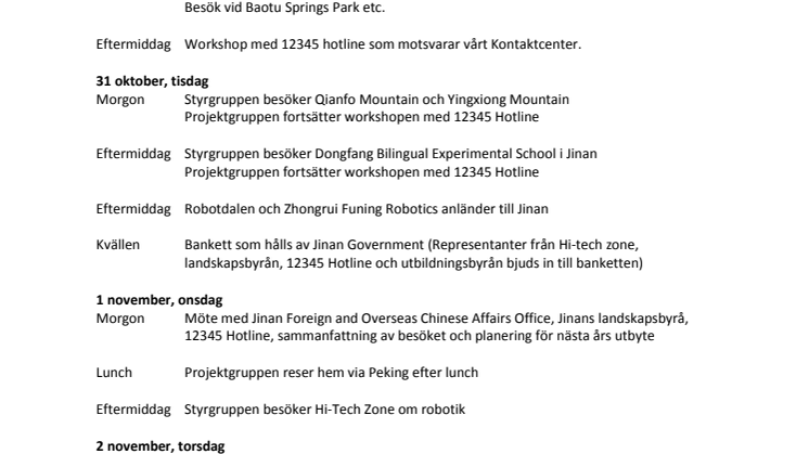 Program för resan till Kina oktober-november 2017