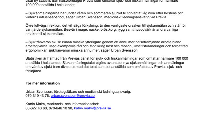 Förkylning och magbesvär vanligaste orsakerna till sjukanmälan