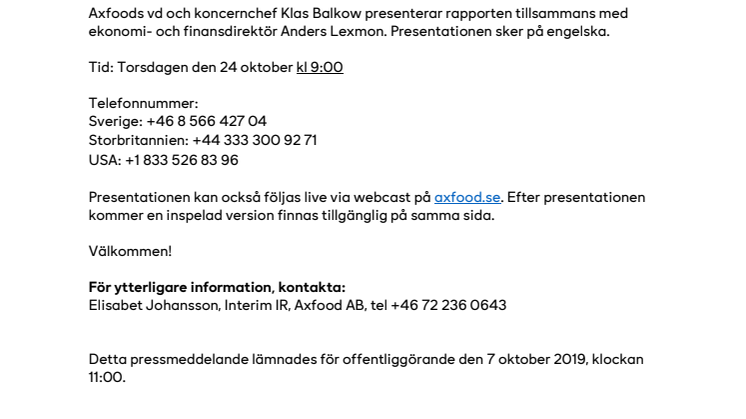 Inbjudan till presentation av Axfoods tredje kvartal 2019