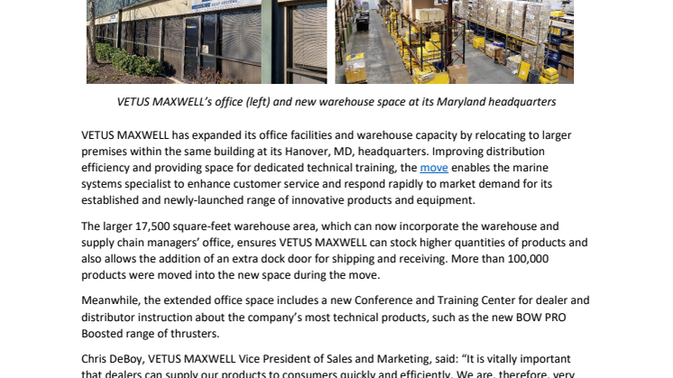 VETUS MAXWELL Expands Maryland Headquarters
