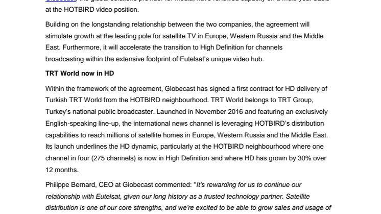 Eutelsat and Globecast renew partnership to further drive HDTV growth at the HOTBIRD video neighbourhood