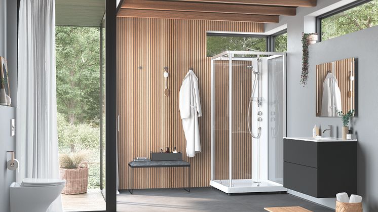 IDO Showerama 10-5 -suihkukaapin tukeva suihkuallas, keveästi liukuvat ovet ja laadukas suihkusekoittaja tuovat kylpyhuoneeseen arjen ylellisyyttä. Suihkukaappia on saatavilla myös viisikulmaisena.