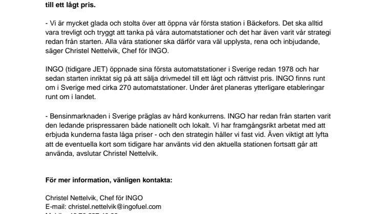 INGO öppnar automatstation i Bäckefors