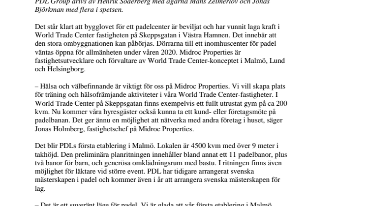 Malmös största centrala padelcenter öppnar i World Trade Center våren 2020 