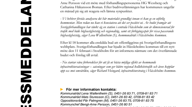 Sverigeförhandlingens utgångsbud överlämnat till Hässleholms kommun