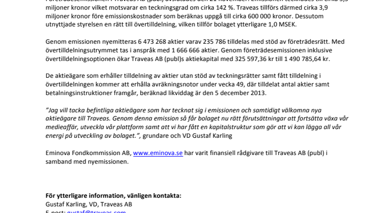 ​Företrädesemissionen övertecknad till cirka 142 %