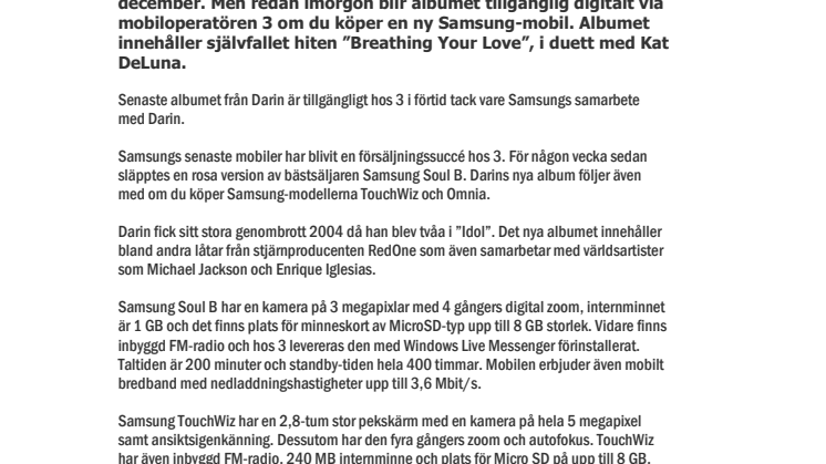 Darins nya album först i Samsungs mobiler hos 3