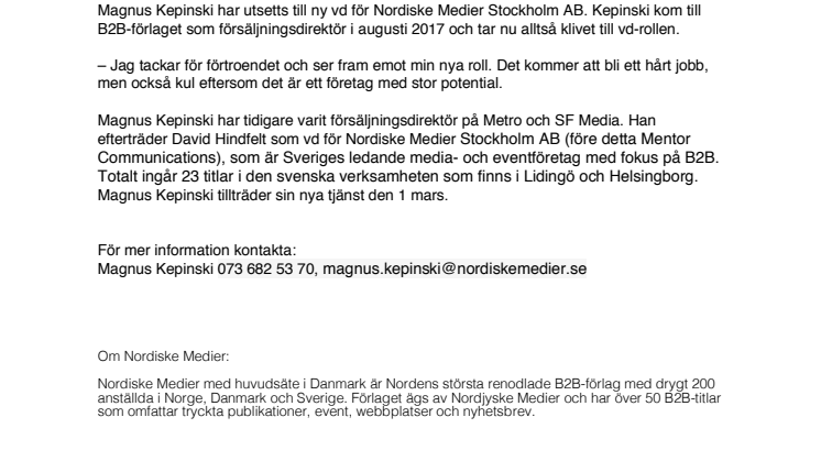 Magnus Kepinski tar över som vd för Nordiske Medier