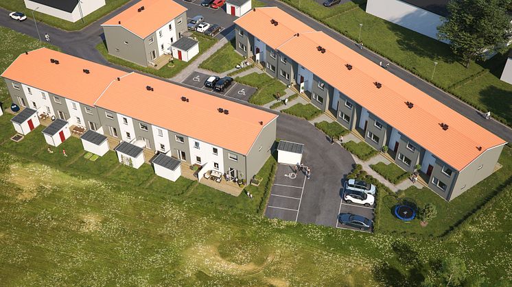 Översiktsillustration av de nya husen i BoKlok Majrovan, Simrishamn. 