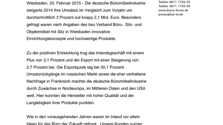 Plus bei Büromöbeln – Umsatzwachstum von 5 Prozent – Für das laufende Geschäftsjahr wird eine weitere Steigerung erwartet