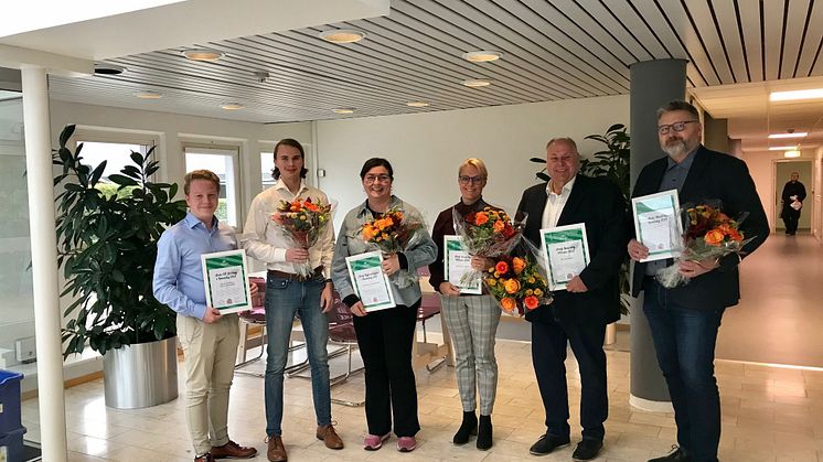 Årets Ronneby NU pristagare 2021. Från vänster Johan Ekberg, Philip Dennheim, Catharina Magnusson, Anette Rolfmark, Bo Hansson och Mattias Olsson