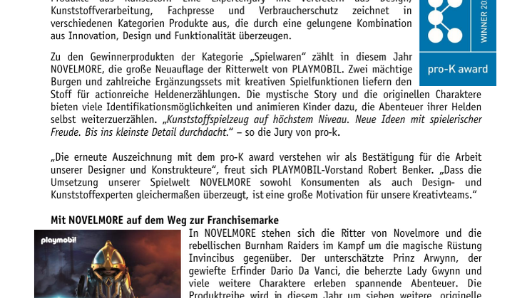 pro-K award für PLAYMOBIL NOVELMORE