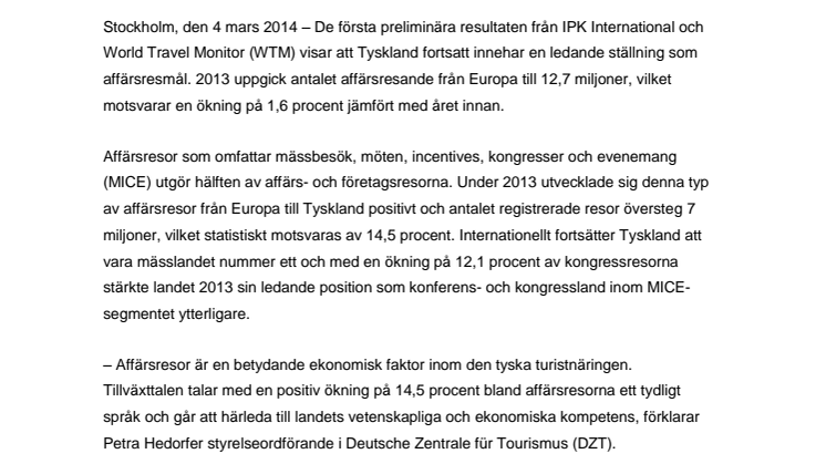 Reselandet Tyskland hävdar topplacering bland européernas främsta affärsresedestinationer