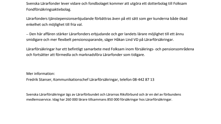 Lärarförsäkringar säljer Lärarfonder till Folksam