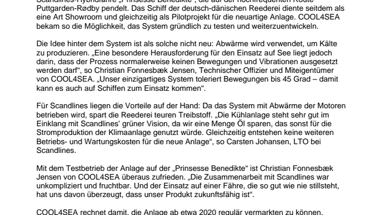 Scandlines und COOL4SEA entwickeln innovatives Kühlsystem