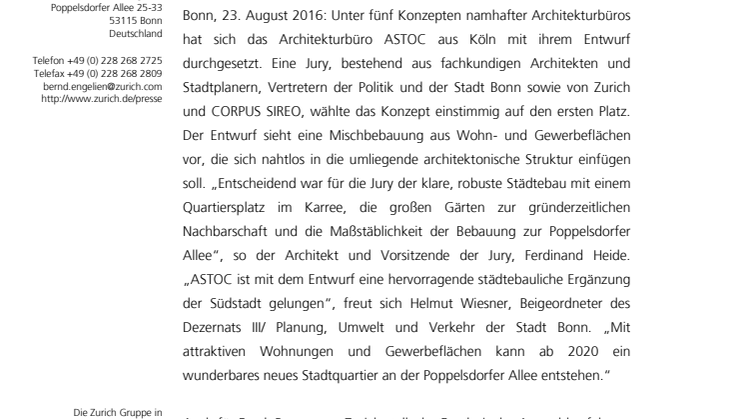 Architekturbüro ASTOC gewinnt städtebauliches Qualifizierungsverfahren für Bonner Zurich Areal