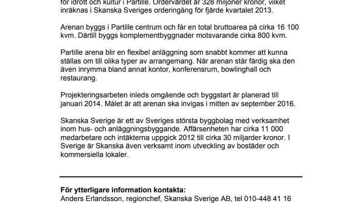 Skanska bygger multiarena i Partille för 328 miljoner kronor