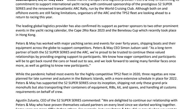 Peters & May renews long-term partnerships with the 52 SUPER SERIES and WCC’s ARC Rally as sailors prepare for a return to competition