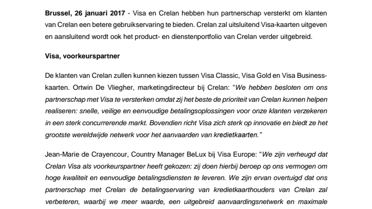 Crelan kiest Visa als voorkeurspartner voor kredietkaarten - Houders van een Crelan Visa-kaart krijgen toegang tot nieuwe diensten 