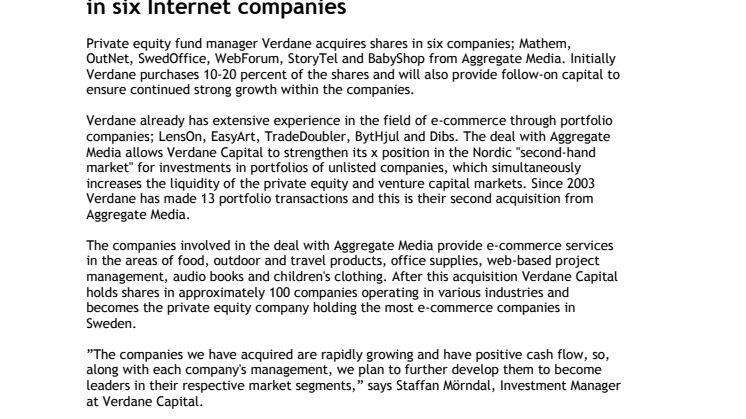 Verdane Capital acquires portfolio with shares  in six Internet companies
