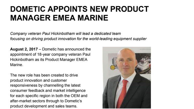 Dometic: Dometic Appoints New Product Manager EMEA Marine