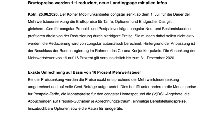 congstar gibt Mehrwertsteuersenkung bei allen Tarifen an Kunden weiter