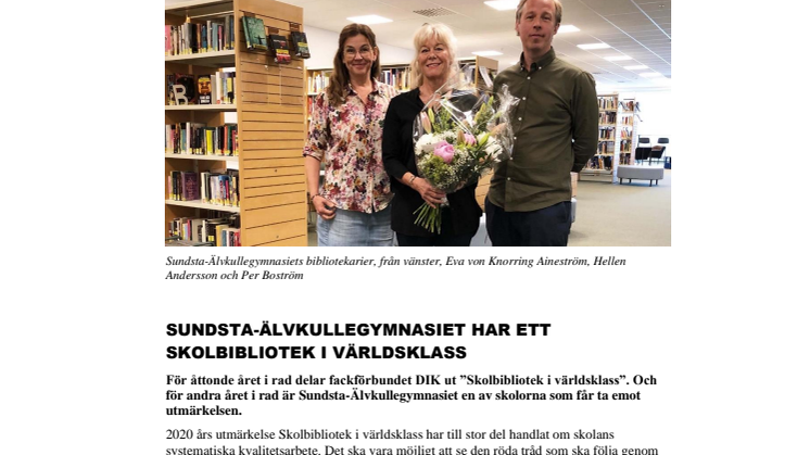 Pressmeddelande: SUNDSTA-ÄLVKULLEGYMNASIET HAR ETT SKOLBIBLIOTEK I VÄRLDSKLASS