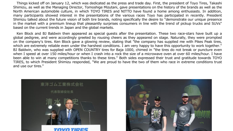 [Post–Event Report] TOYO TIRES/NITTO exhibited at TOKYO AUTO SALON 2018 Featuring an amazing demonstration run by global drift pro Ken Block as well as talk sessions with off-road racer BJ Baldwin, among many others