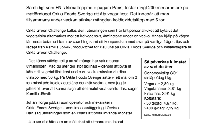 6 ton lägre CO2-utsläpp när medarbetarna testar vegankost