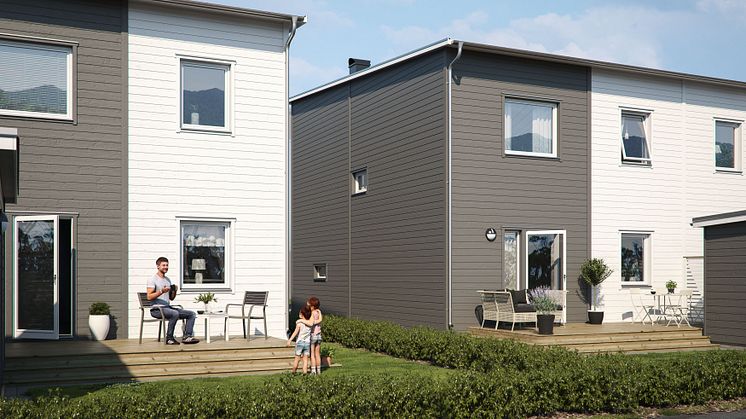 Illustration av trädgårdssida med uteplats, BoKlok Kajen i Ängelholm. 