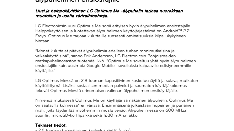 LG julkistaa helppokäyttöisen Optimus Me - älypuhelimen ensiostajille