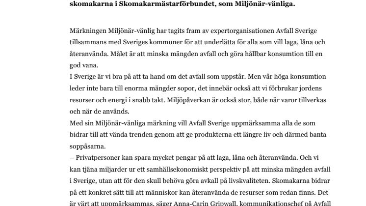 Skomakarna får Avfall Sveriges Miljönär-märkning