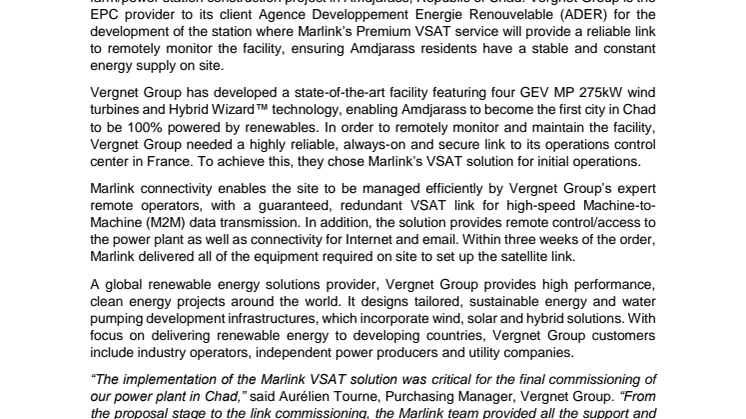 Marlink: Vergnet Group selects Marlink to provide resilient VSAT connectivity for renewable power development