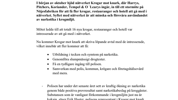Pressmeddelande: fler krogar och hotell deltar i kampen mot knarket