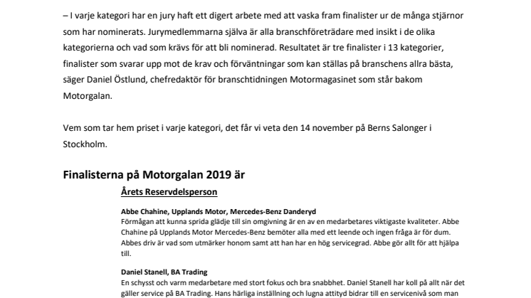 Finalisterna klara för Motorgalan 2019