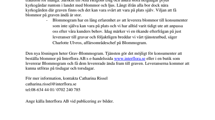 Interflora AB lanserar Grav-Blommogram