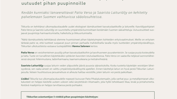 Kestävää ja kaunista: Tikkurilalta ympäristöystävälliset uutuudet pihan puupinnoille